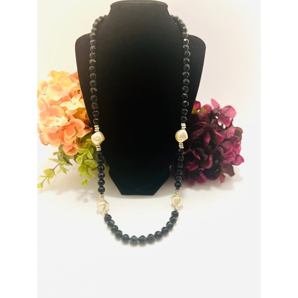 Vintage Black Faceted Bead Faux Pearl Gold Tone Long Statement Necklace
